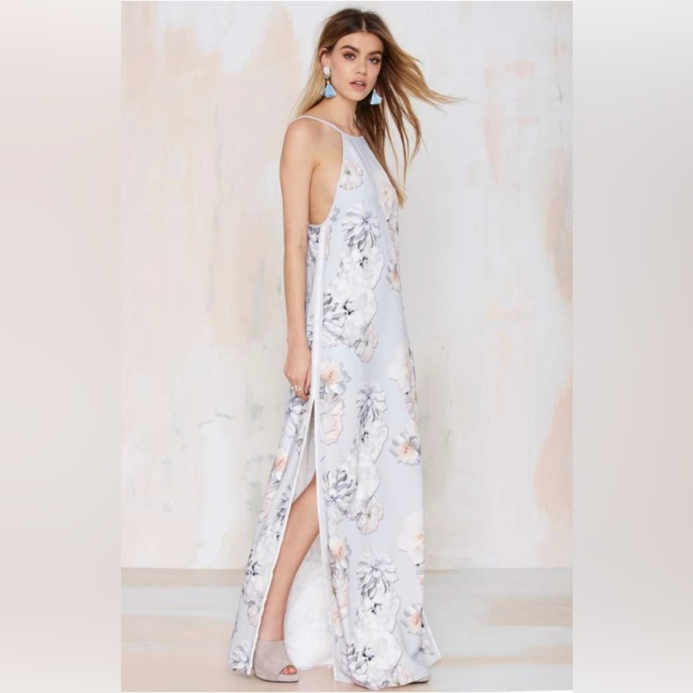 Revolve Finders Keepers Gray Floral Maxi Dress w/ Racing Stripes Small $195